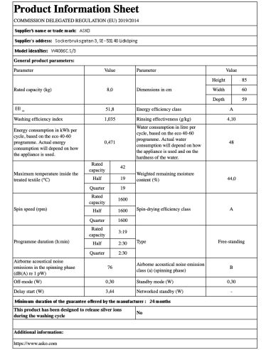 ASKO W3096RW Steel Seal™ Valkoinen edestä täytettävä pesukone