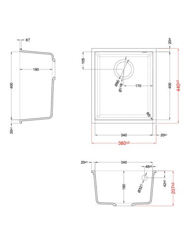 ELLECI QUADRA 100 U 34x40cm Sottotop Под каменную столешницу Монтируемая гранитная Кухонная мойка