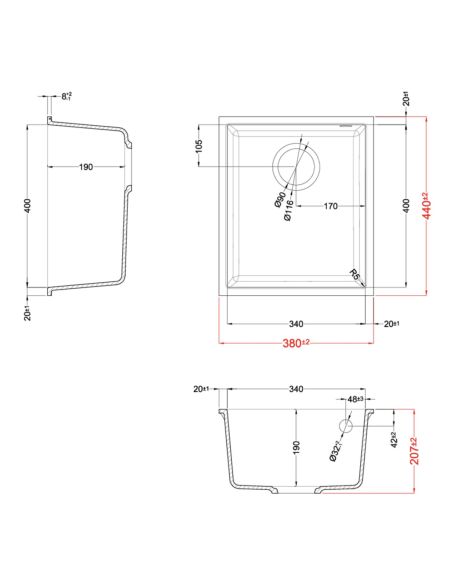 ELLECI QUADRA 100 U 34x40cm Sottotop Под каменную столешницу Монтируемая гранитная Кухонная мойка