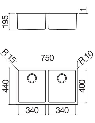 BARAZZA 75x40 DOUBLE SQUARE BOWL R.15 Huullettava-altakiinnitettävät altaat kahdella kulholla Tiskiallas (6)